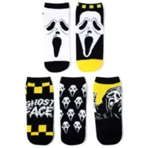 Uni-sex Multi-Pack Black & Yellow Ghost Face Ankle Socks 5 Pair Spirit Halloween